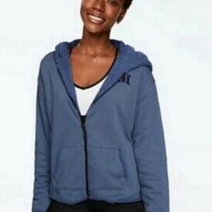 VICTORIA'S SECRET PINK reversible Blue Sherpa  zip up hoodie jacket
